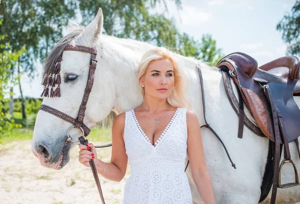 夏の季節 趣味の概念 自然の上で馬と女性 人間と動物との関係 — ストック写真