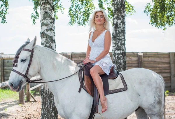 Vår Sommar Säsong Begreppet Hobby Kvinna Med Häst Natur Relation — Stockfoto