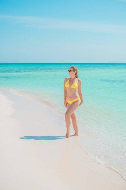 Güzel ve cüsseli bir kadın doğada, denizde dinleniyor. Kadın hayatı kavramı. Bayan L-XL plajda eğleniyor.