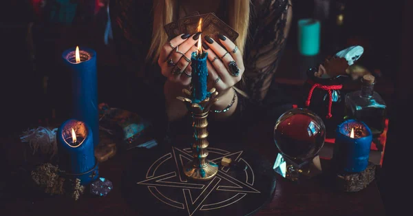 Concept Fortune Telling Predictions Fate Magic Wicca Elements Table Witch — Stock Photo, Image