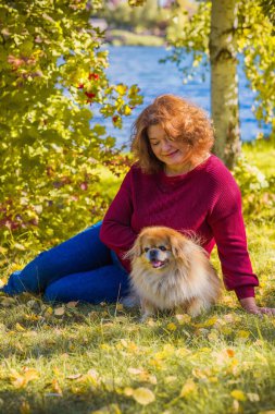 Küçük altın köpeği olan hoş bir bayan, evcil hayvan konsepti, köpek en iyi insan dostudur.