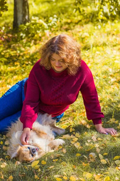 Niza Dama Con Pequeño Perro Dorado Concepto Mascotas Perro Mejor — Foto de Stock