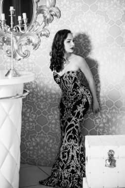 Akşam elbisesi konsepti, şık bir tarz. Gece elbiseli kadın. Hanımlar için kıyafetler, ilham.