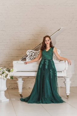 Akşam elbisesi konsepti, şık bir tarz. Gece elbiseli kadın. Hanımlar için kıyafetler, ilham.