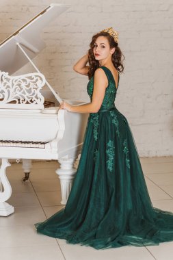 Akşam elbisesi konsepti, şık bir tarz. Gece elbiseli kadın. Hanımlar için kıyafetler, ilham.