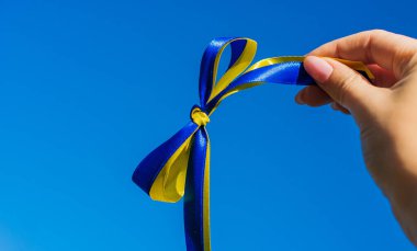 Ukrayna özgürlüğü. Küçük sarı mavi bayrak. Ukrayna protestosunun detayları. Zafer konsepti