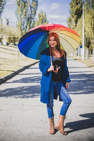 Attractive Young Casual Girl Walking Park Umbrella Autumn Spring Day — Stock Photo, Image