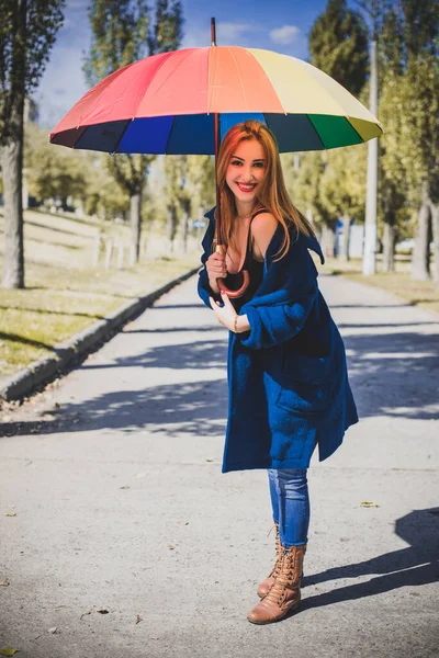 Attractive Young Casual Girl Walking Park Umbrella Autumn Spring Day — Stock Photo, Image