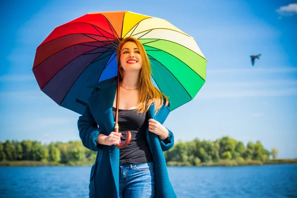 Attractive Young Casual Girl Walking Park Umbrella Autumn Spring Day — Stock Photo, Image