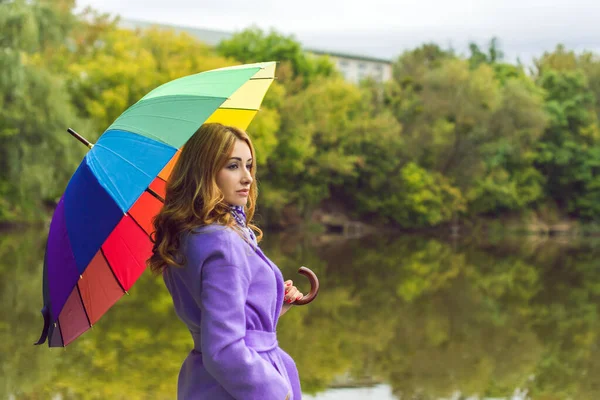 Attractive Young Casual Girl Walking Park Umbrella Autumn Spring Day — Stock Photo, Image