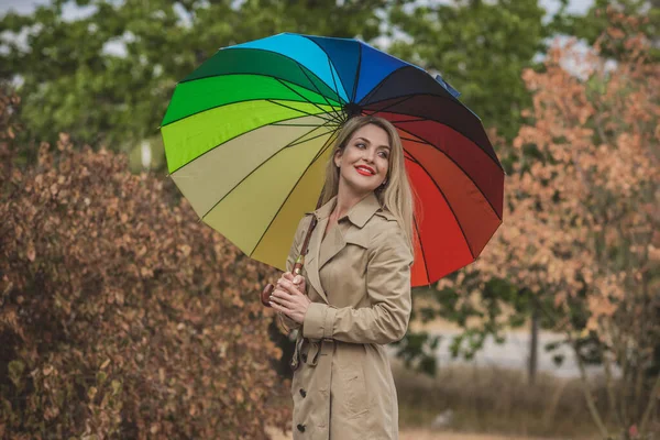 Autumn Golden Time Portrait Fashionable Woman Wear Beige Coat Umbrella — Stock Photo, Image
