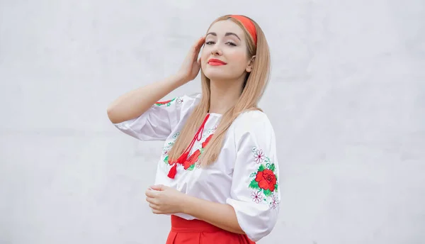 European Folk Fashionable Woman Embroidery Traditional Shirt Concept National Costume — Stock Photo, Image