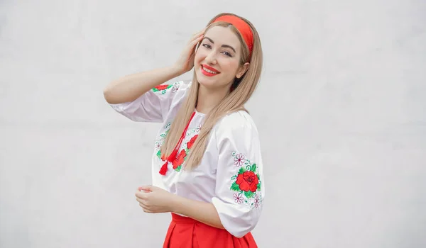 European Folk Fashionable Woman Embroidery Traditional Shirt Concept National Costume — Stock Photo, Image