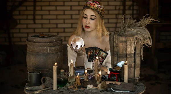 Femme Tsigane Avec Une Carte Tarot Portée Main Ukraine Konotop — Photo