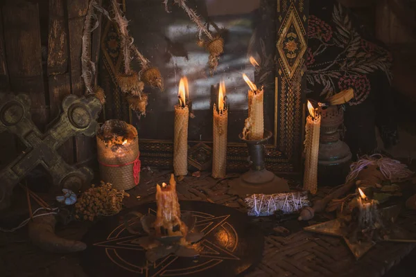 Magische Illustratie Esoterisch Concept Kaarsen Voor Schone Donkere Energie Wicca — Stockfoto