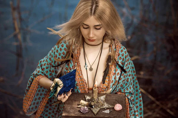 White magic, casting and cleansing aura with a power of nature from negative energy, love spell, old European magic for a love, fate, luck