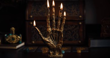 The palm of the hand with the signs, illustration for palmistry, reading fate on the hand, numerology. Banner for astrology and magic. Vintage gothic illustration 
