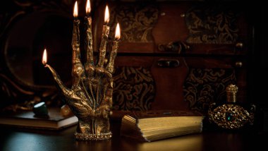 The palm of the hand with the signs, illustration for palmistry, reading fate on the hand, numerology. Banner for astrology and magic. Vintage gothic illustration 