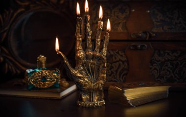 The palm of the hand with the signs, illustration for palmistry, reading fate on the hand, numerology. Banner for astrology and magic. Vintage gothic illustration 