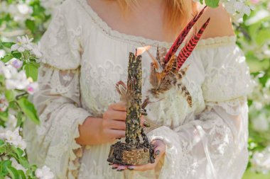 White magic, clean energy reiki concept.  Magical attributes, herbs and flowers, Slavic Wicca rituals and esoteric concept