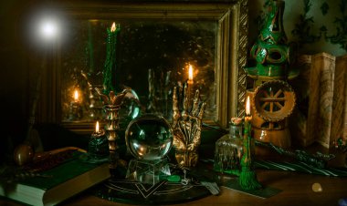 Illustration of magical stuff....candle light, Chrystal ball, magic wand, book of spells dark background, Slytherin school, green aesthetic, Halloween time clipart