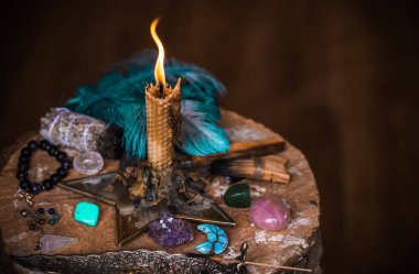 Healing energy with a crystal`s and candles, reiki session, bioenergy for mental health