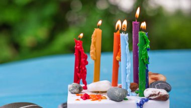  Energy healing, reiki session or chakra rituals with candles, wicca magic, new world, alternative medicine 