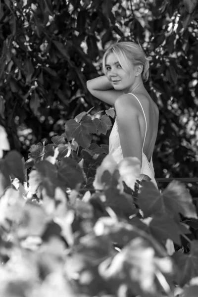 Beautiful Morning Blonde European Young Woman White Silk Dress Relaxing — Fotografia de Stock