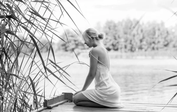 Beautiful Morning Blonde European Young Woman White Silk Dress Relaxing — Stockfoto