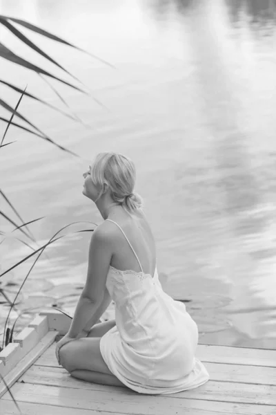 Beautiful Morning Blonde European Young Woman White Silk Dress Relaxing — Stock Photo, Image