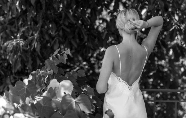 Beautiful Morning Blonde European Young Woman White Silk Dress Relaxing — Photo
