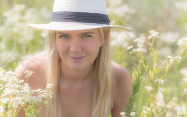 Natural woman's beauty, no makeup, blonde cute girl at nature, healthy lifestyle