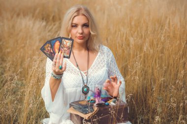 Concept of fate telling, predictions on tarot cards and white magic, energy healing 