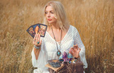 Concept of fate telling, predictions on tarot cards and white magic, energy healing 