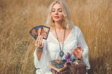 Concept of fate telling, predictions on tarot cards and white magic, energy healing 