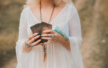 Concept of fate telling, predictions on tarot cards and white magic, energy healing 