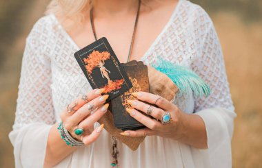 Concept of fate telling, predictions on tarot cards and white magic, energy healing 