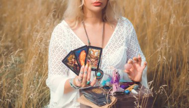 Concept of fate telling, predictions on tarot cards and white magic, energy healing 