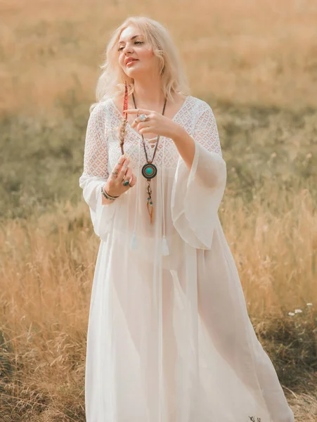 Ethnic Hippie Woman Posing Boho Long White Lace Dress Nature — 图库照片