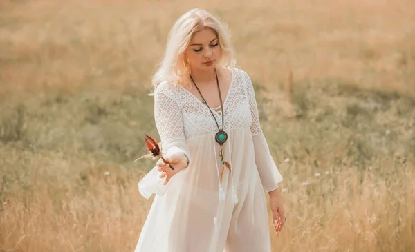 Ethnic Hippie Woman Posing Boho Long White Lace Dress Nature — Photo