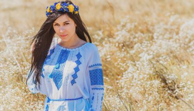 European woman in ethnic fashionable style. Concept of women collection of clothes 