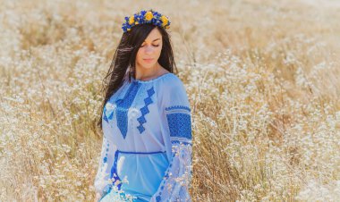 European woman in ethnic fashionable style. Concept of women collection of clothes 