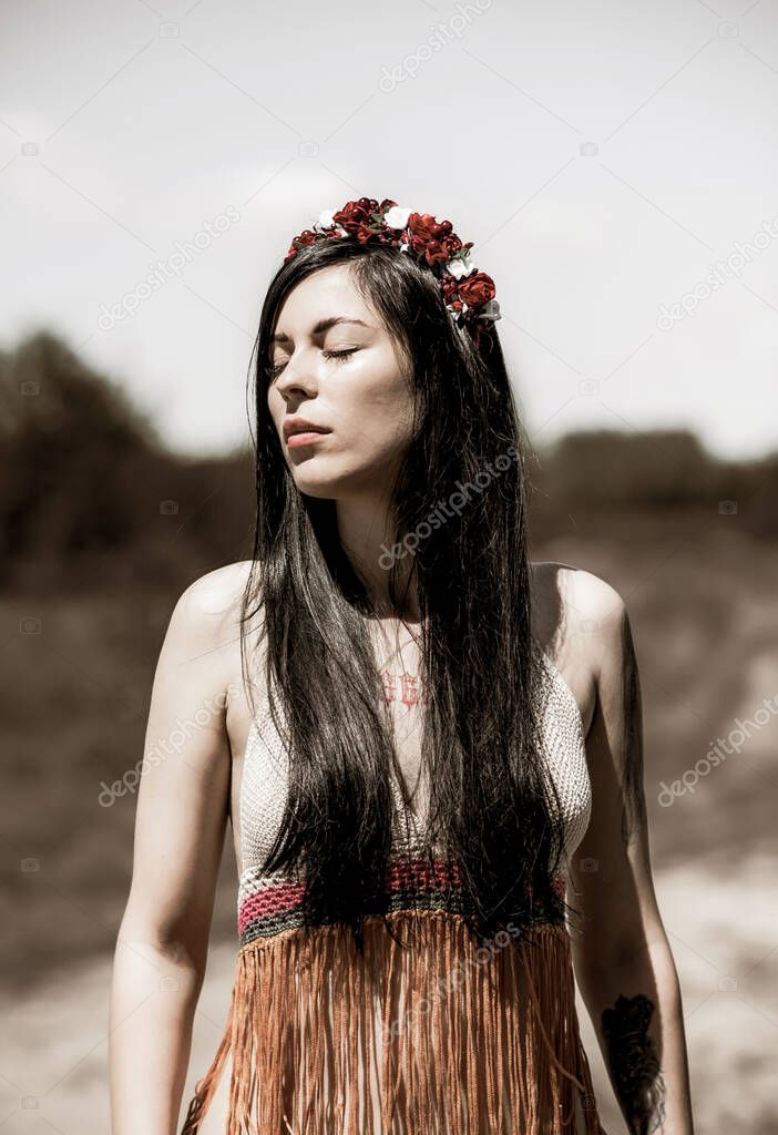 European woman in ethnic fashionable style. Concept of women collection of clothes 