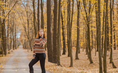 Autumn time, woman in warm clothes, new collection, black- orange sweater and dark outfit