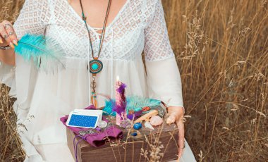 Magic of energy, witch attributes, herbs and flowers, Slavic Wicca rituals and esoteric concept