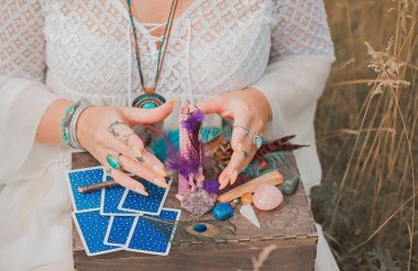 Magic of energy, witch attributes, herbs and flowers, Slavic Wicca rituals and esoteric concept