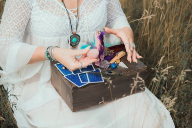 Magic of energy, witch attributes, herbs and flowers, Slavic Wicca rituals and esoteric concept