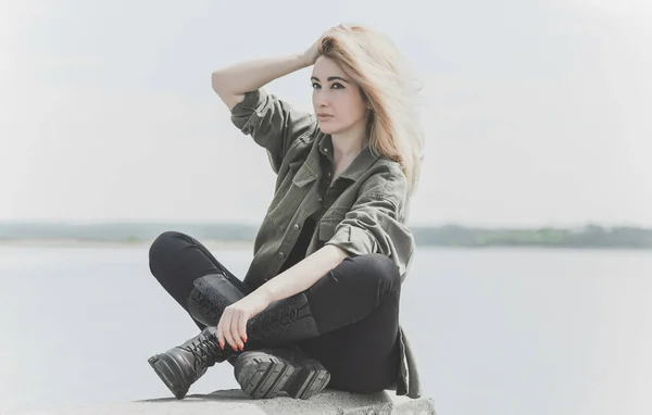 Modern Blonde Woman Mix Race Jeans Jacket Fashionable Details Model — Stockfoto