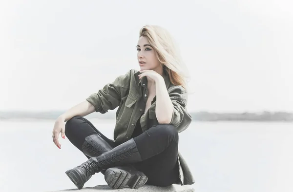Modern Blonde Woman Mix Race Jeans Jacket Fashionable Details Model — Zdjęcie stockowe