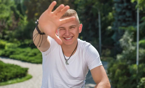 Smiling Young Handsome Stylish Student Blonde Guy Lifestyle Teen Youth — Stock fotografie